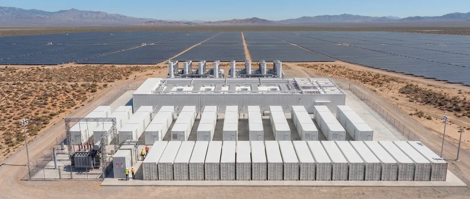 Render: aerial view of a campus of compute nodes beside a solar field